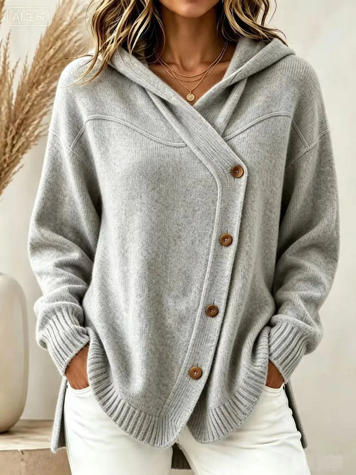 Gray hooded knit cardigan with ribbed cuffs and hem