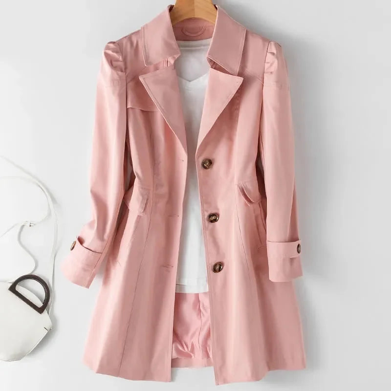 Pink trench coat with notched lapel, front view
