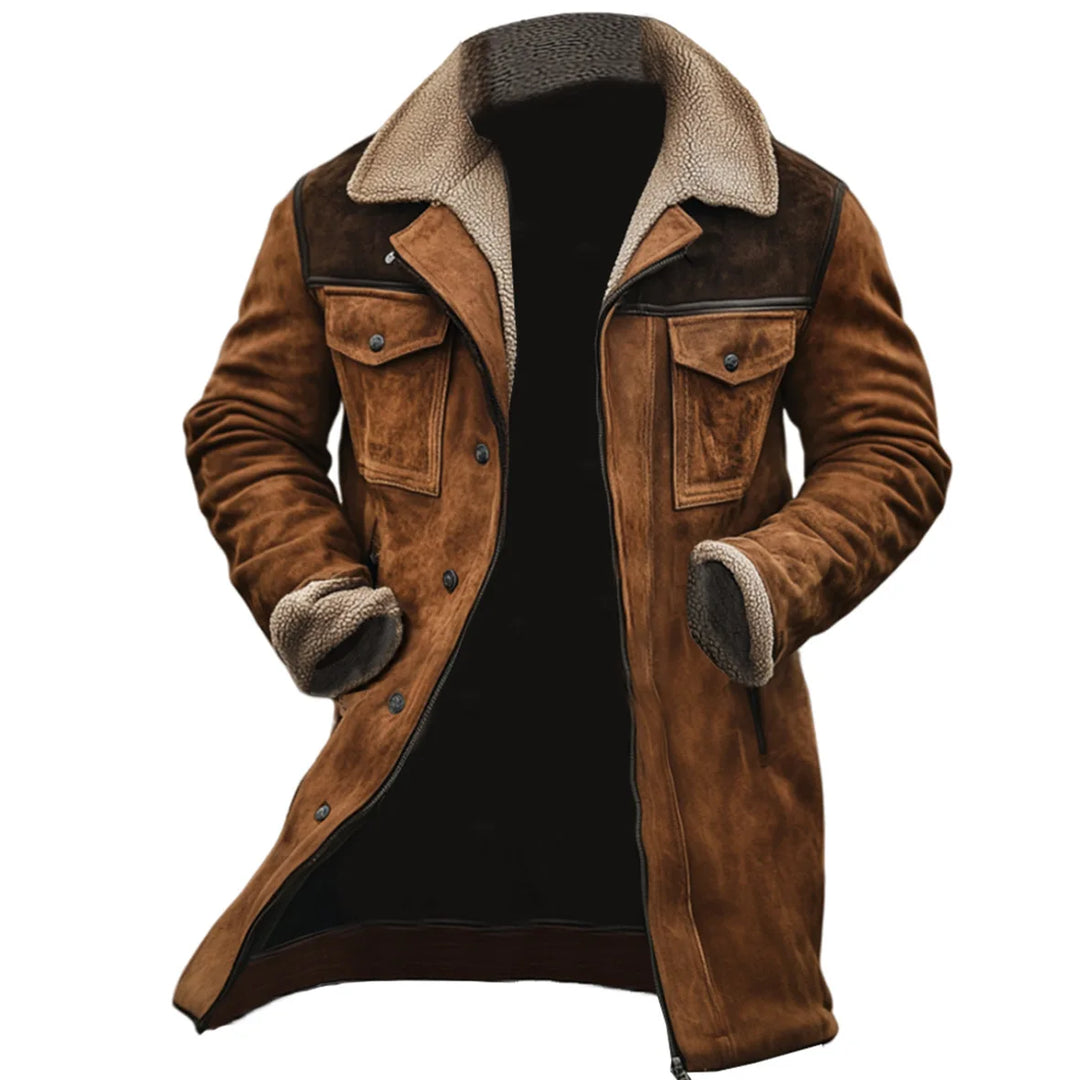 Brown suede-look trucker coat with shearling collar, front view