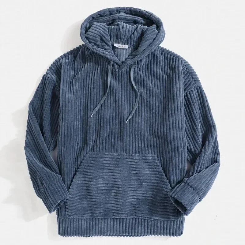 Blue corduroy hoodie front flat lay