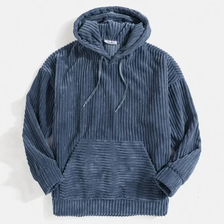 Blue corduroy hoodie front flat lay