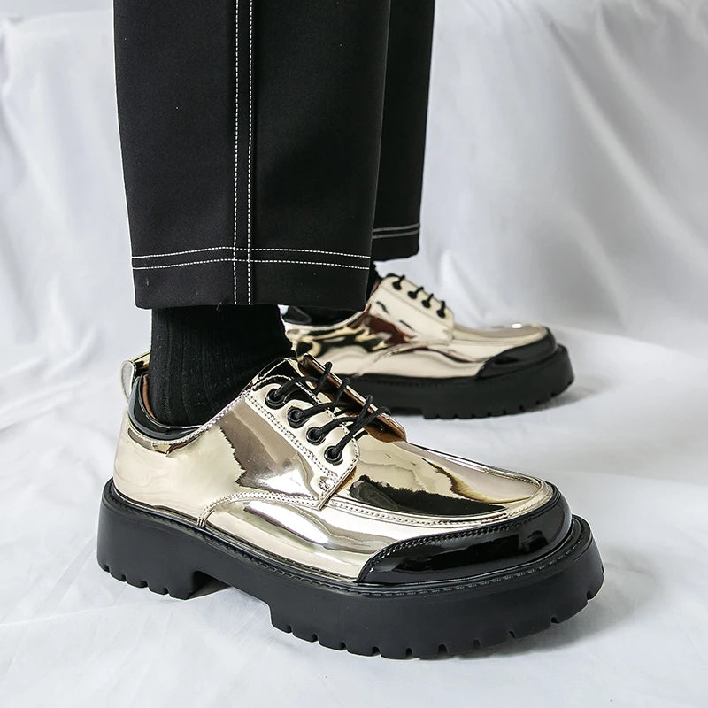 Gold metallic Oxford shoes close side profile