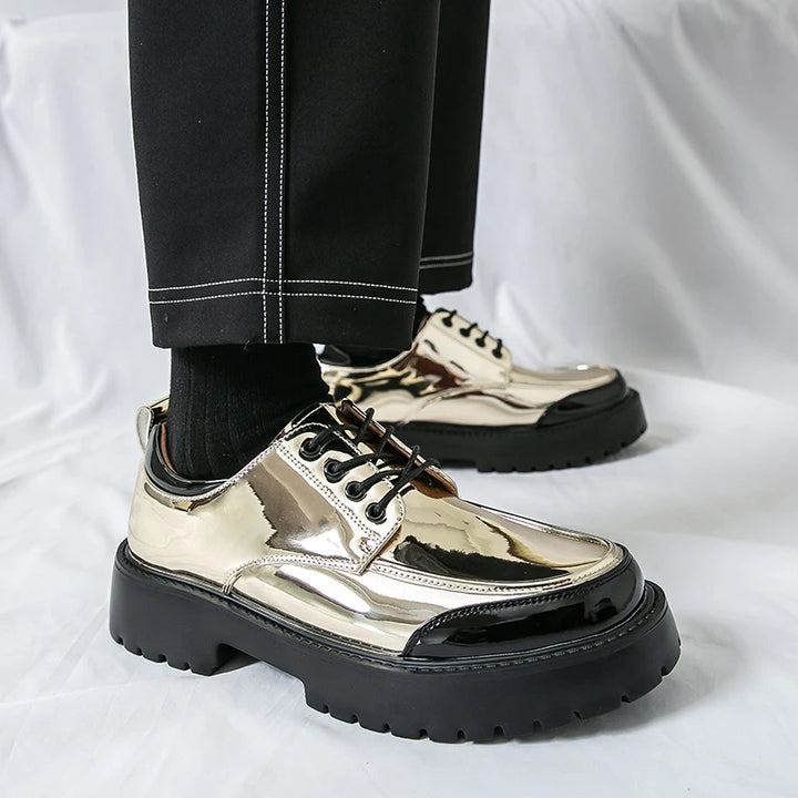 Gold metallic Oxford shoes close side profile