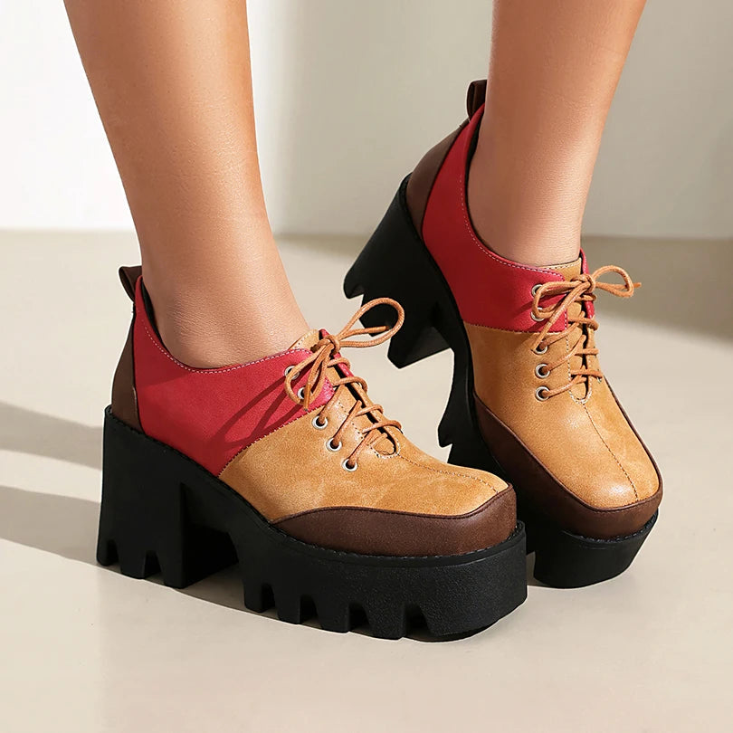 Color block platform lace-up shoe in brown, tan, and red