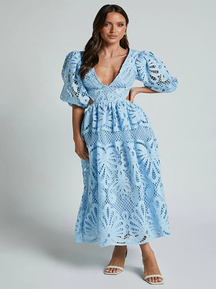 Vera Puff Sleeve Embroidered Lace Midi Dress