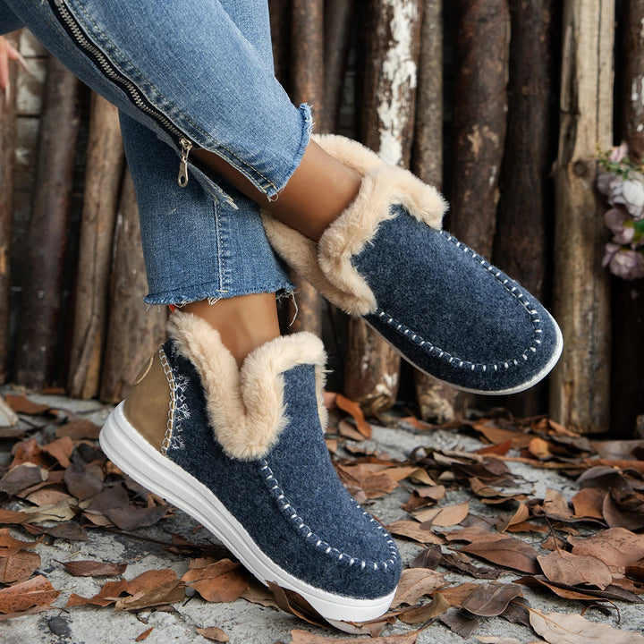 Blue felt ankle boots with faux fur trim and tan heel panel