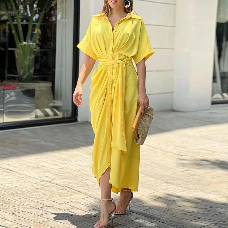 Rose Printed Tie Waist Shirt Midi Dress
