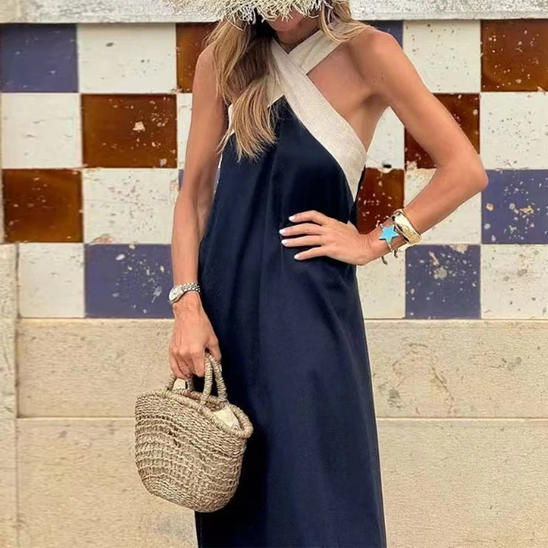 Valentina Contrast Halter Backless Maxi Dress