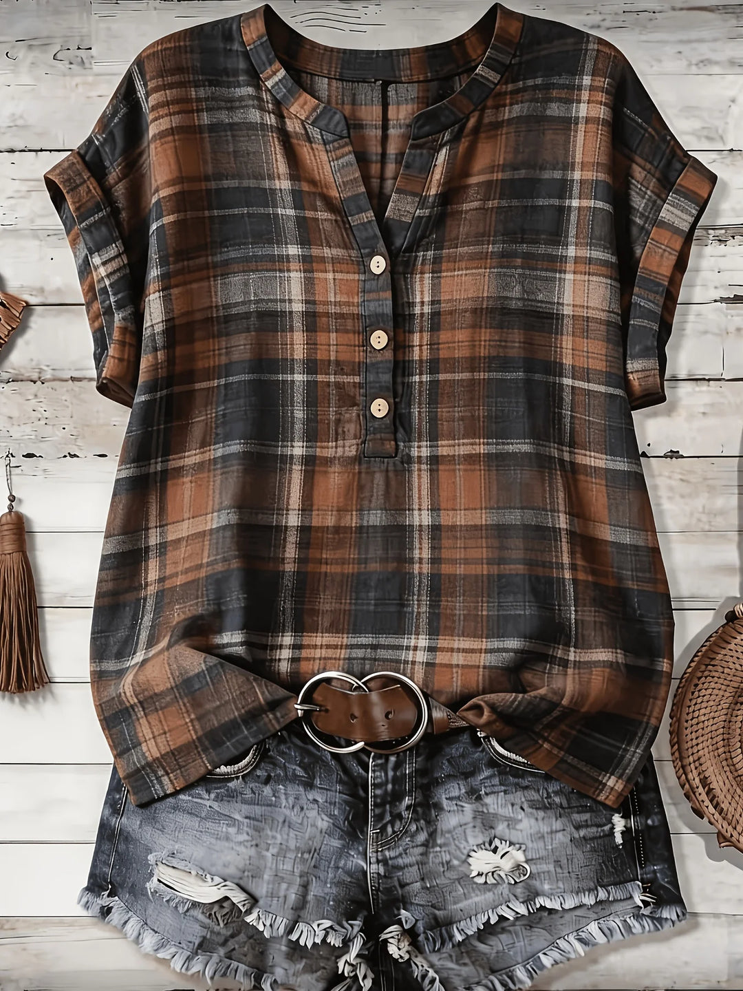 Daphne Plaid V Neck Loose Fit Blouse