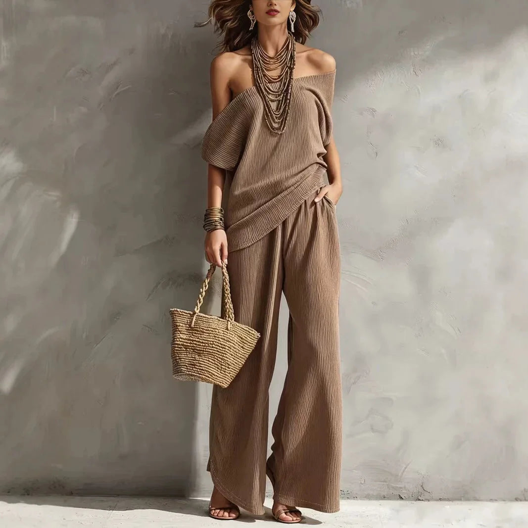 Isabelle Off Shoulder Wide Leg Jumpsuit Set