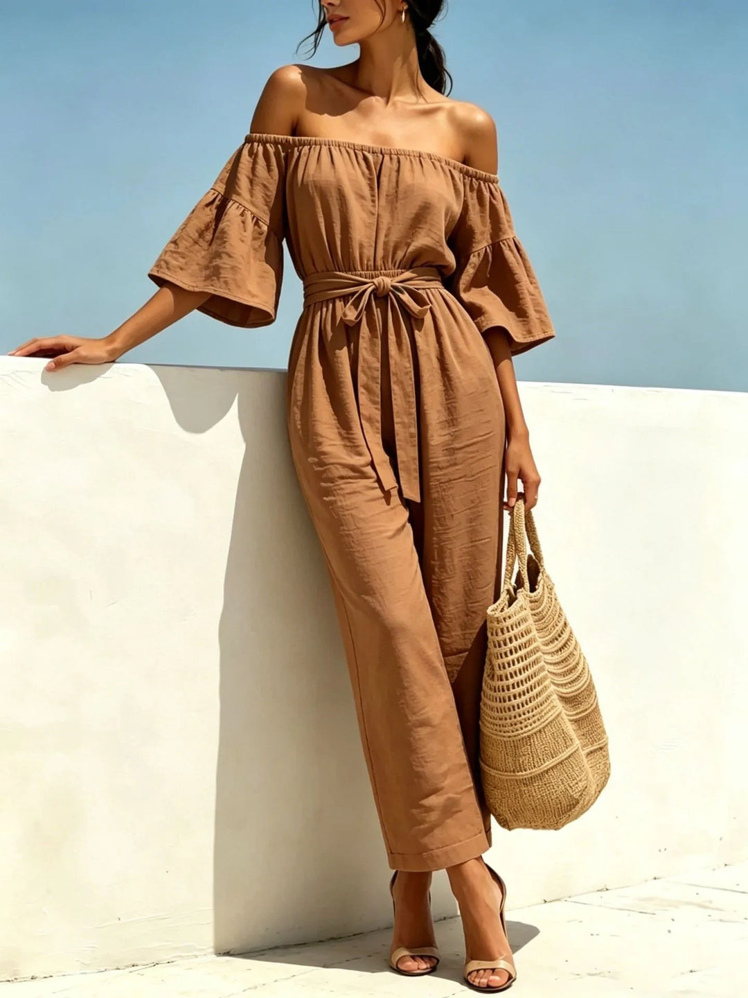 Monroe Off Shoulder Front Tie Waist Jumpsuit