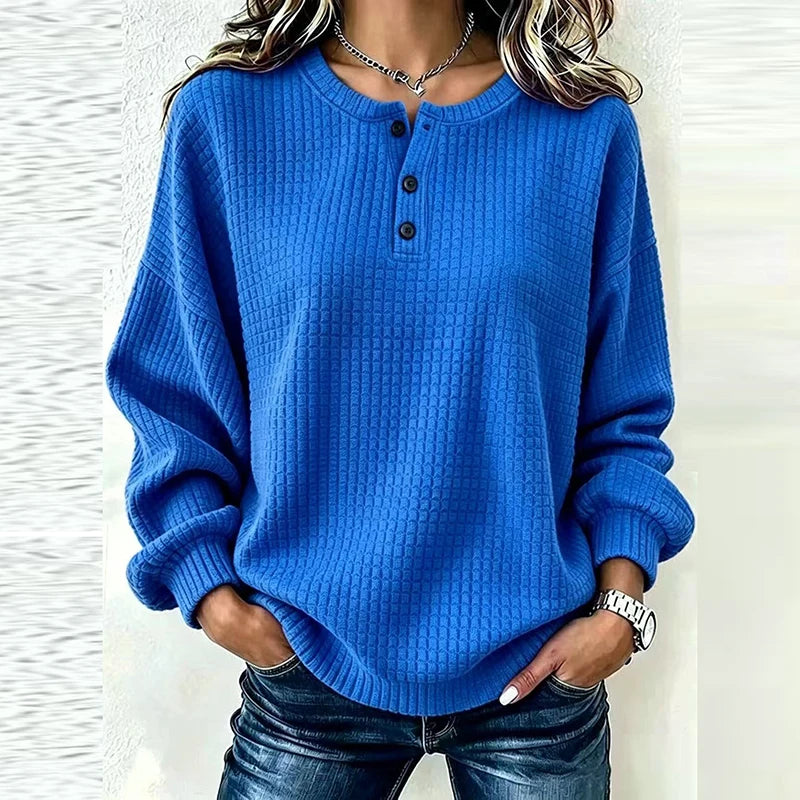 Blue waffle knit henley top with button placket