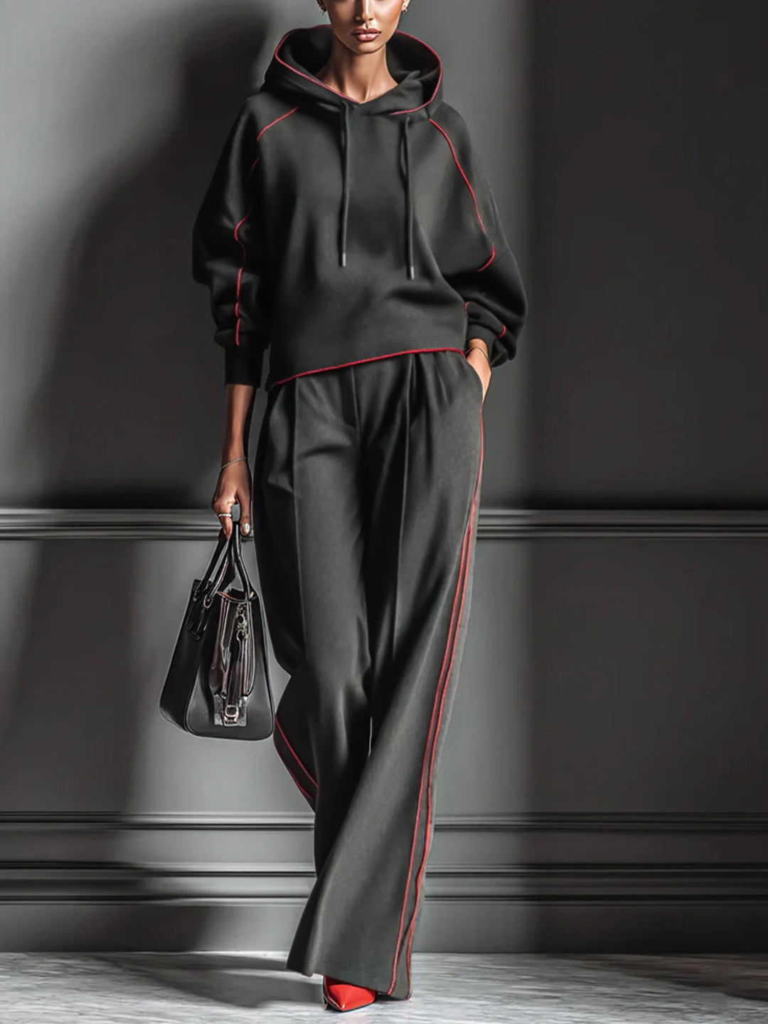 Woman wearing black hoodie and wide leg pants set with red piping, front view