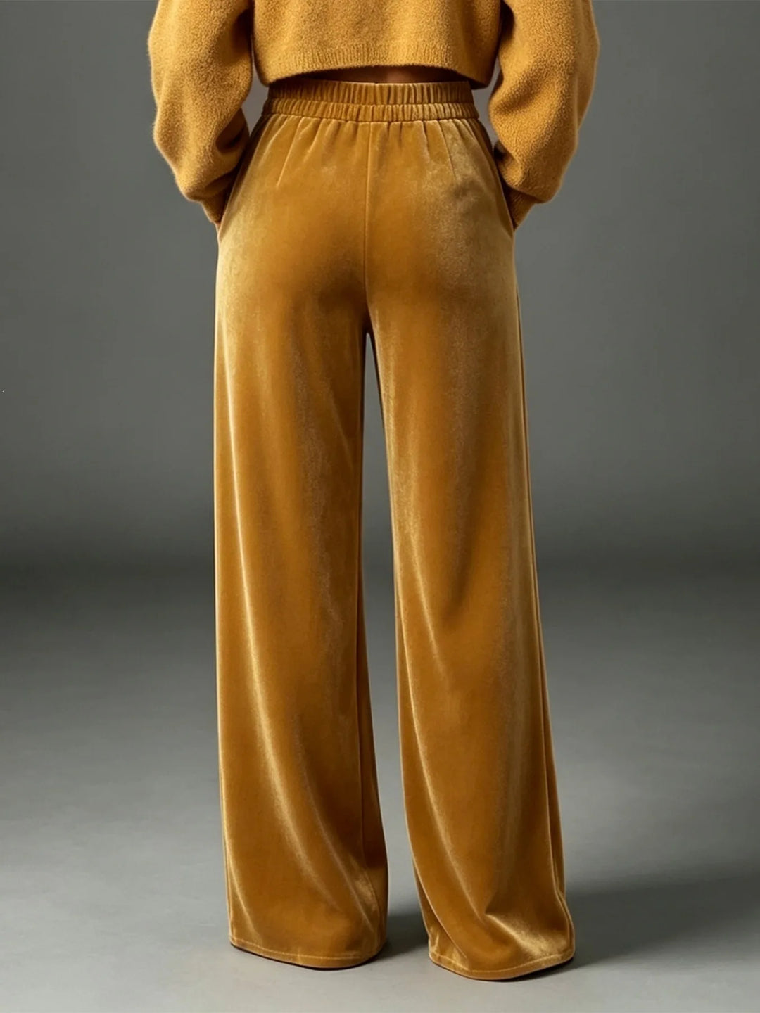 Ginger yellow velvet wide leg pants, back view