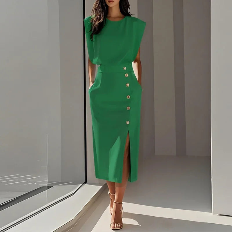 Paige Elegant Button Split Midi Dress