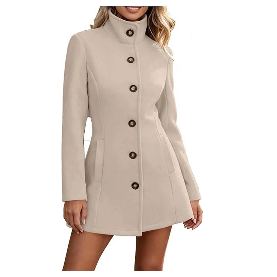Beige stand collar wool coat with button front, close-up view