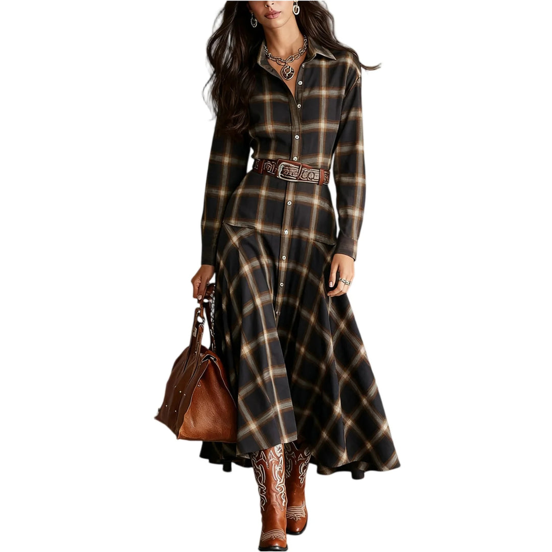 Woman wearing black plaid button front shirt dress with belt, front view