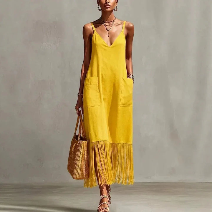 Aveline Tassel Hem V Neck Midi Dress