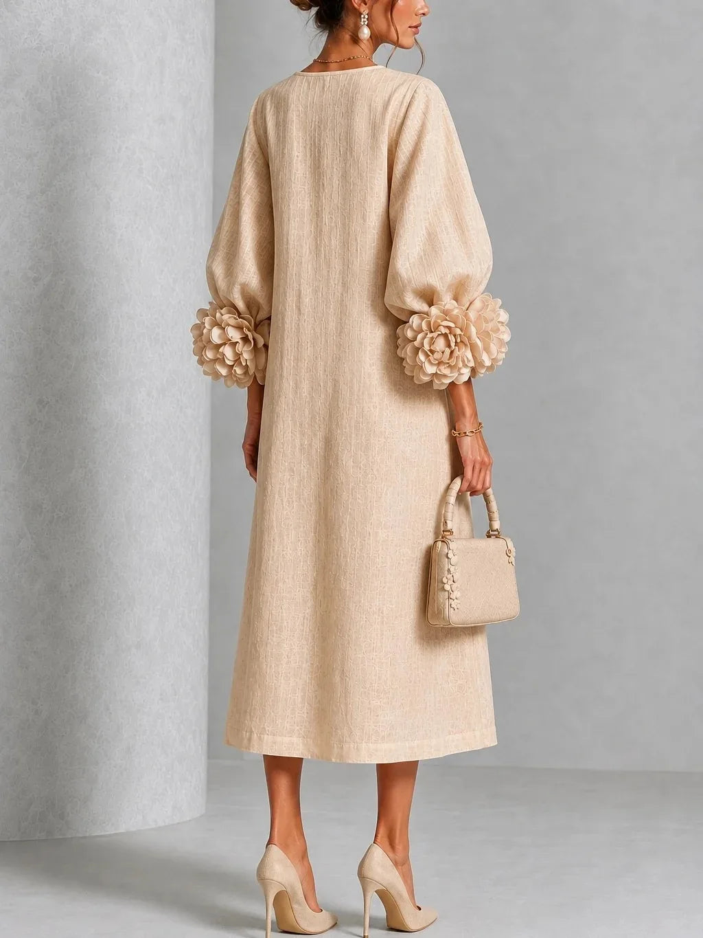 Back view of apricot midi dress with floral lantern sleeve cuffs