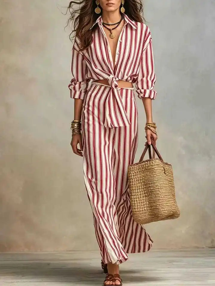 Fiona Striped Button Down Blouse Skirt Set