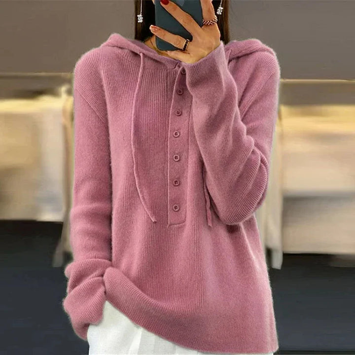 Pink hooded button front sweater, front view