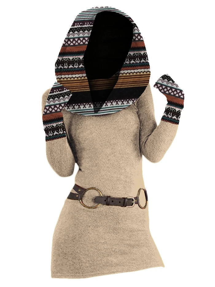 Light coffee sweater dress with patterned hood, back view