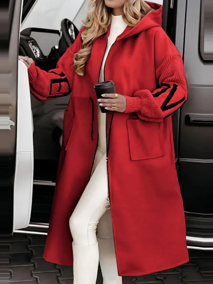 Red hooded maxi coat with contrast knit sleeves and patch pockets