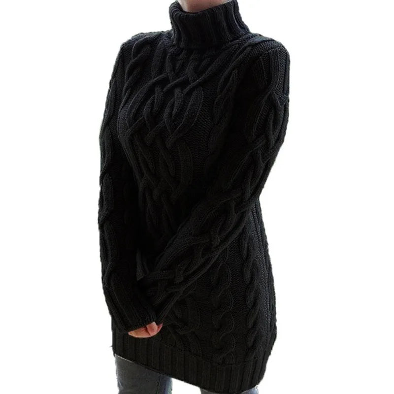 Black cable knit turtleneck sweater dress, front angled view
