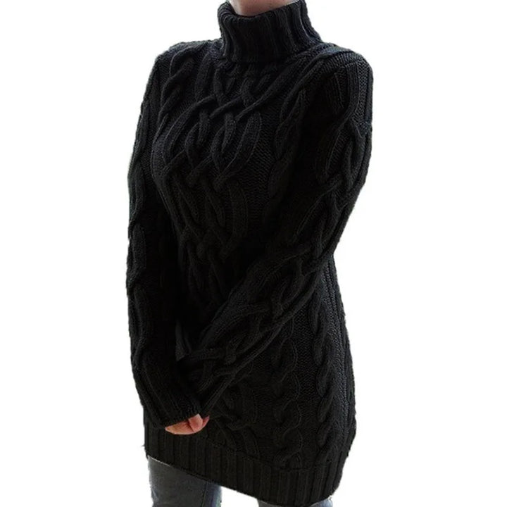 Black cable knit turtleneck sweater dress, front angled view