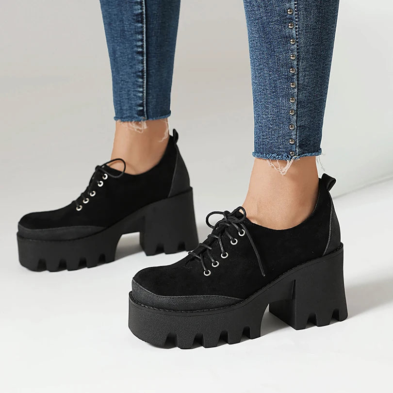 Black suede lace-up platform shoe front view