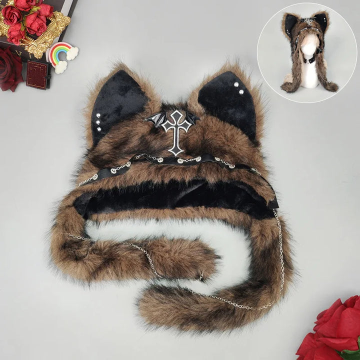 Chocolate brown faux fur cat ear hat laid flat with fur tails