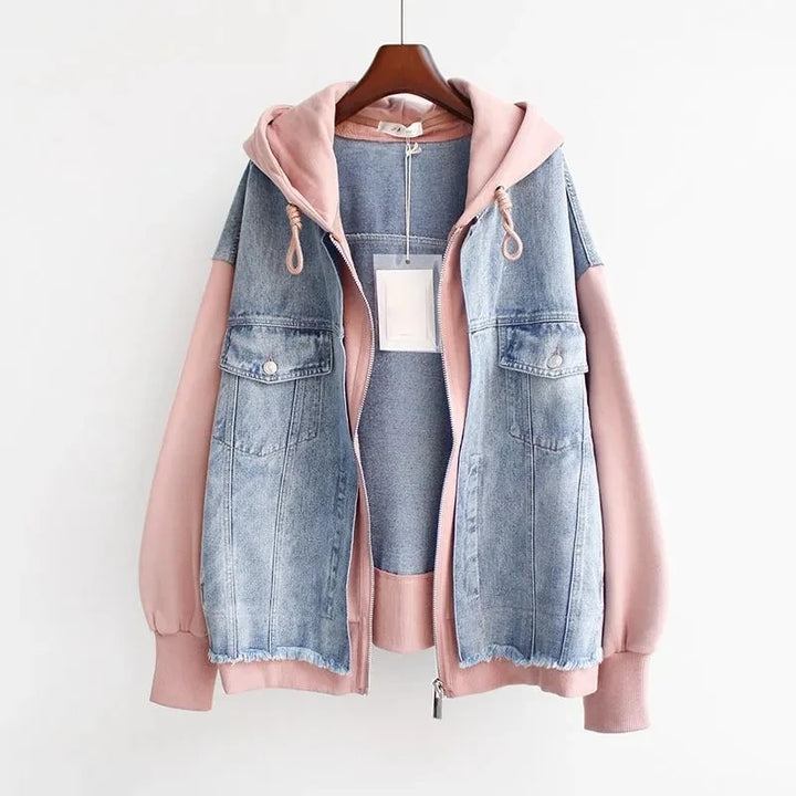 Pink hooded denim jacket with tag, front view
