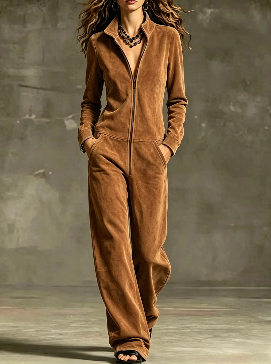 Model wearing dark brown front zip wide leg jumpsuit, front view
