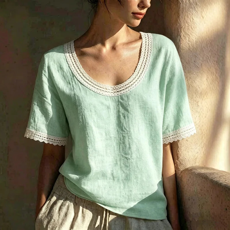 Valeria Lace Trim Linen Blouse