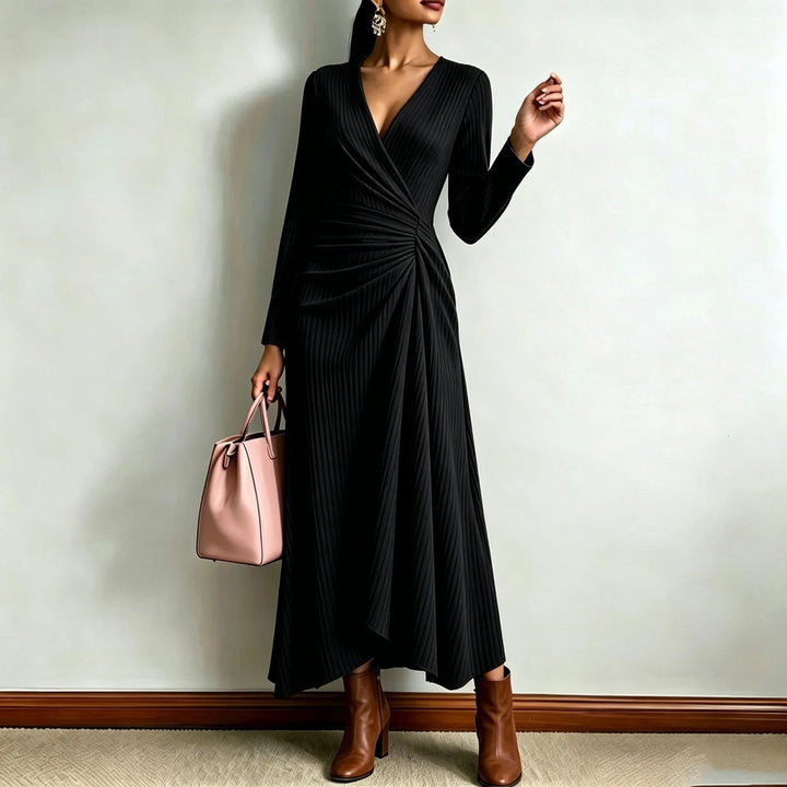 Black ribbed knit wrap maxi dress, close up front view
