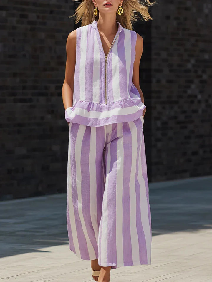 Briar Striped Zip Front Sleeveless Pants Set