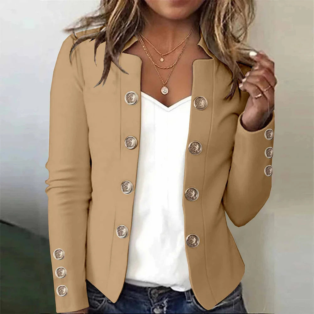 Camel blazer with gold button detail worn open