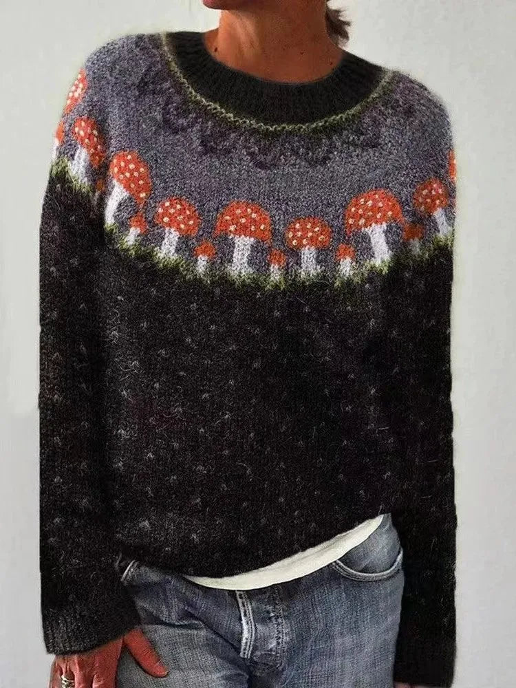 Black sweater with mushroom motif yoke