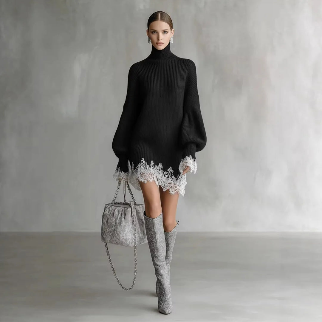 Woman wearing black ribbed turtleneck sweater dress with lace hem and knee boots