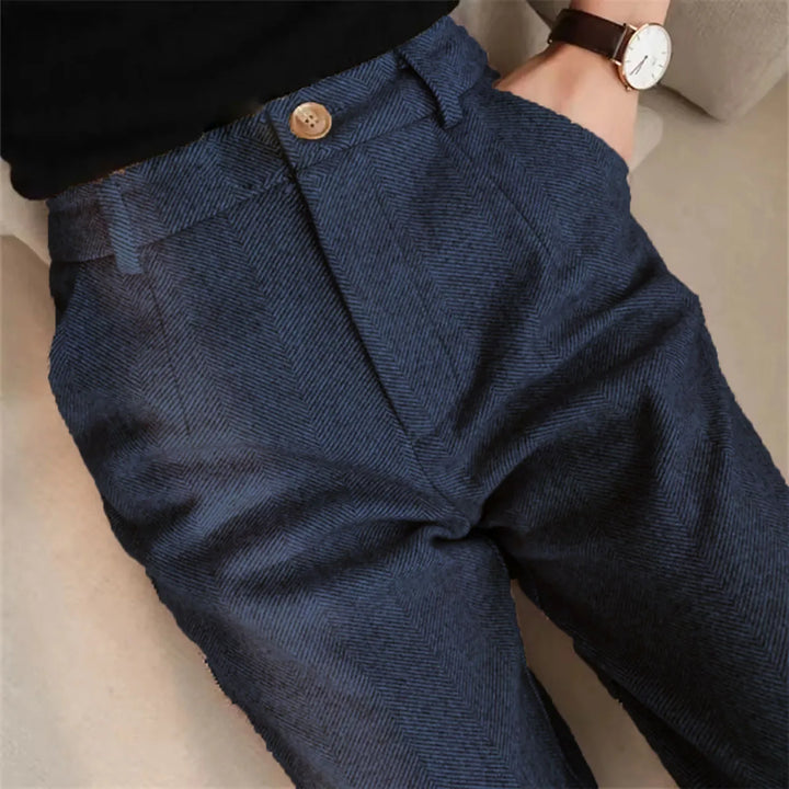 Herringbone trousers in navy with tab waistband detail