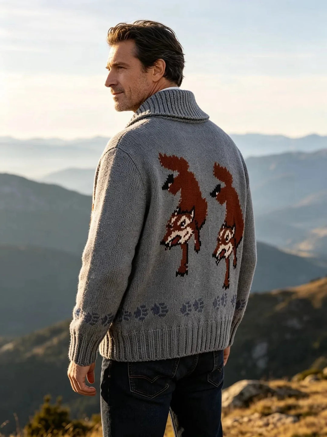 Back view of gray fox graphic knit cardigan with shawl collar