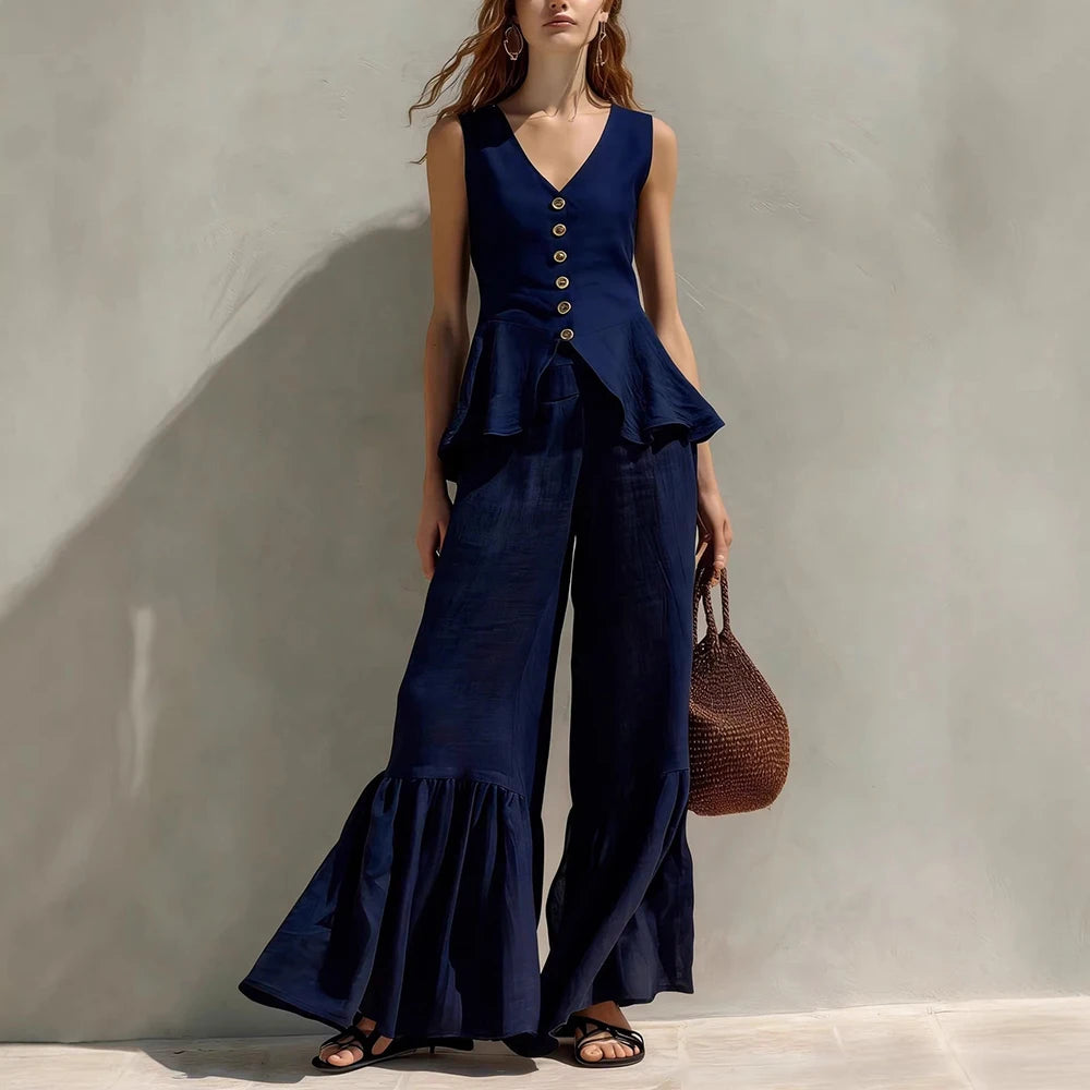 Eleanor Sleeveless Ruffle Trim Wide Leg Pants Set