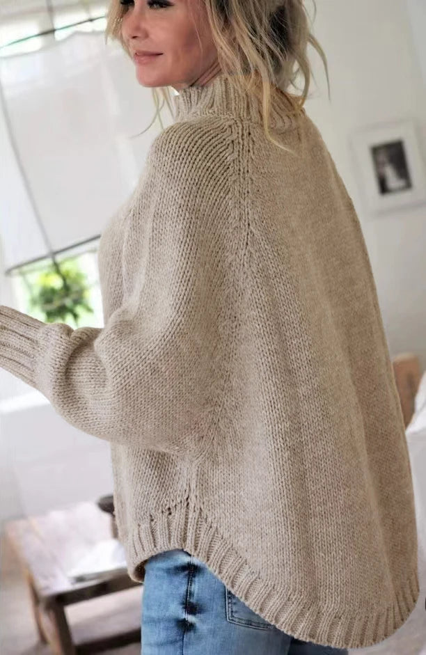 Khaki cable knit sweater, back view