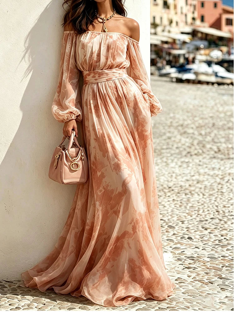Close up of pink floral print off-shoulder maxi dress bodice