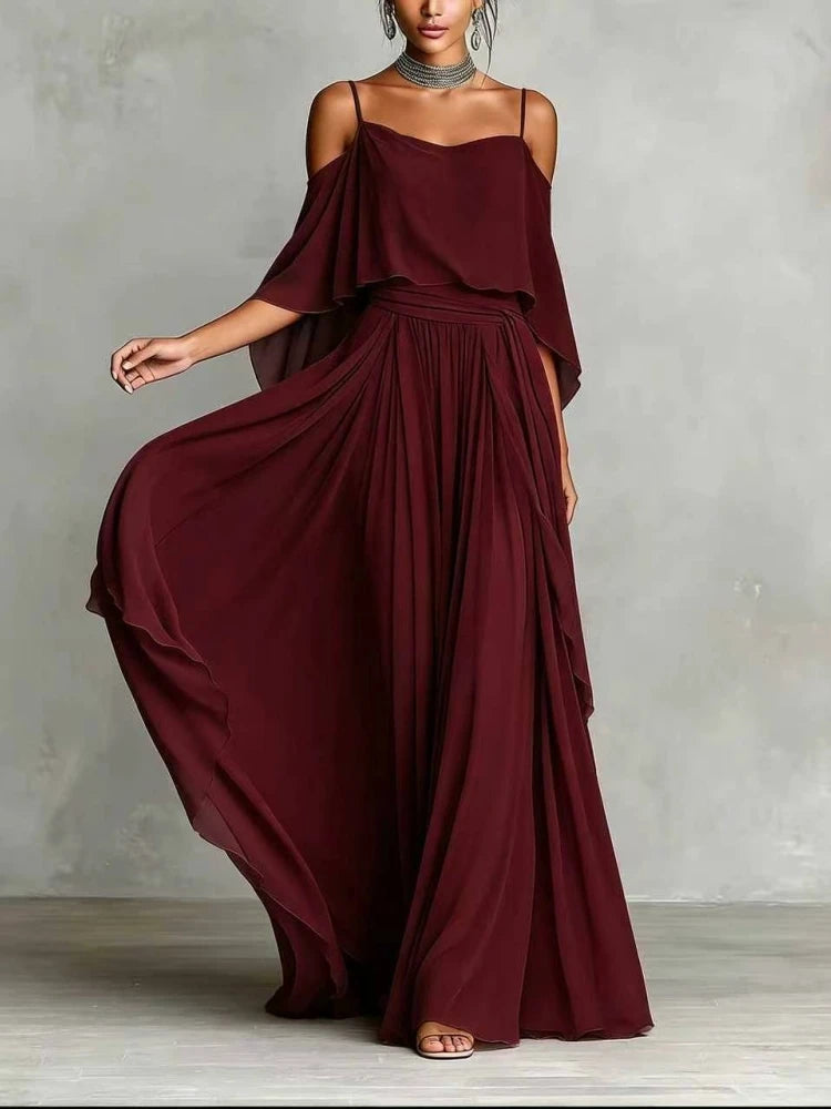 Evangeline Off Shoulder Chiffon Wedding Guest Maxi Dress