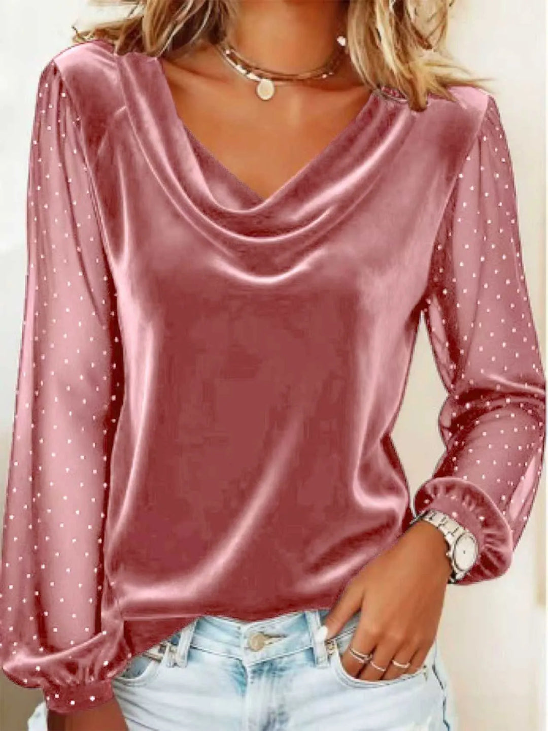 Pink velvet blouse with cowl neckline and sheer rhinestone mesh sleeves