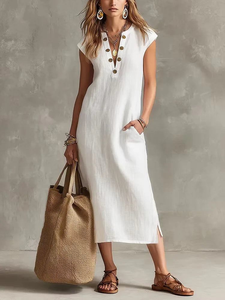 Sadie Relaxed V Neck Button Front Midi Dress