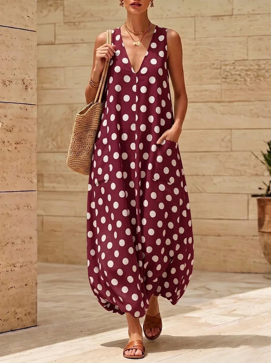 Althea Deep V Neck Polka Dot Maxi Dress