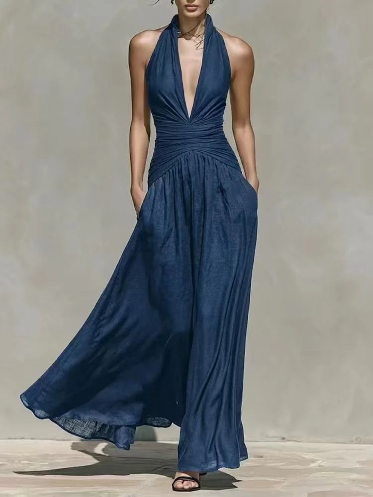 Navy halter maxi dress with ruched waist, front view