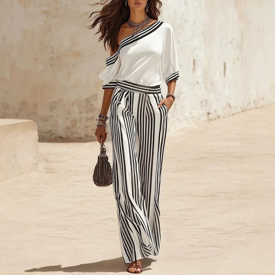 Avery One Shoulder Sleeveless Striped Jumpsuit Set